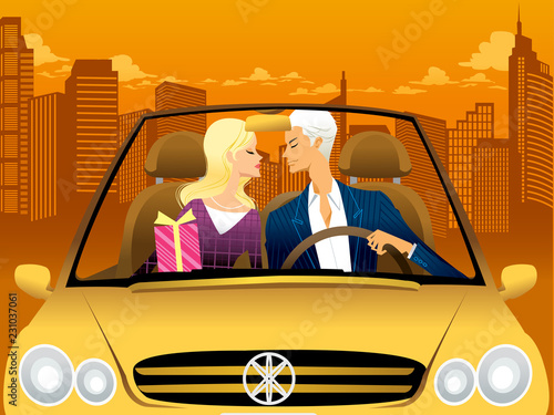 Couple kissing in convertible car at dusk