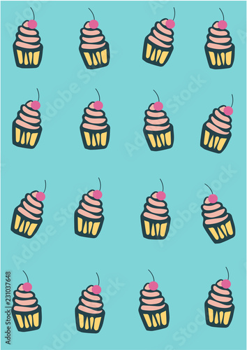 Cupcakes pattern on blue background, vector illustration