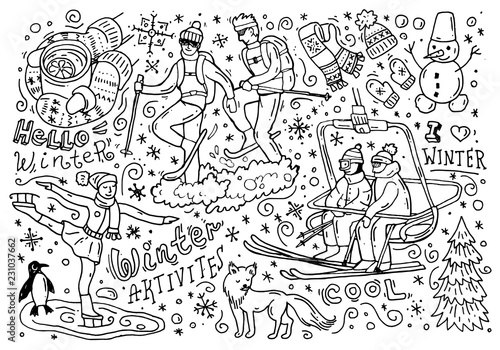 Beautiful hand drawn vector illustration winter sport. Skiing an
