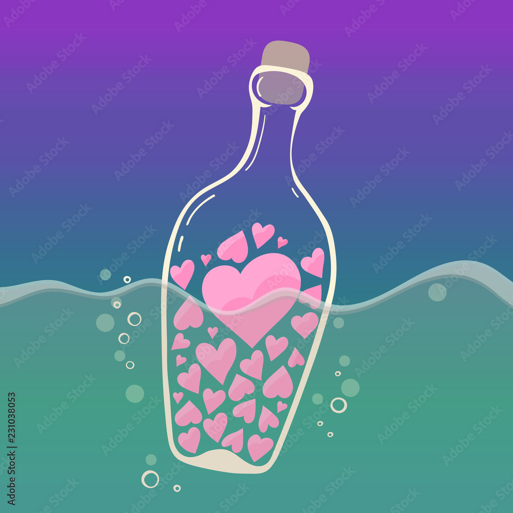 a transparent glass bottle filled with hearts floats in a sea with air bubbles around it - flat vector illustration a transparent glass bottle filled with hearts floats in a sea with air bubbles around it - flat vector illustration