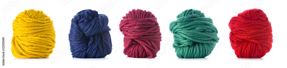 collection of wool knitting on white background - obrazy, fototapety, plakaty 