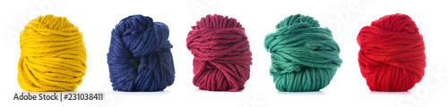 collection of wool knitting on white background photo