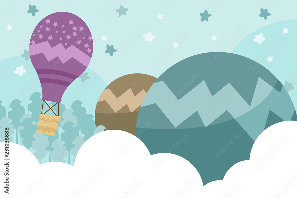 Kids room wallpaper with graphic illustration winter forest, hill, and air balloon. Can use for print on the wall, pillows, decoration kids interior, baby wear, shirts, and greeting card