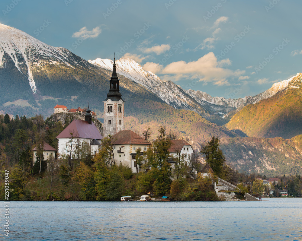 First snow above Lake Bled Island, Bled, Slovenia First snow above Lake Bled Island, Bled, Slovenia