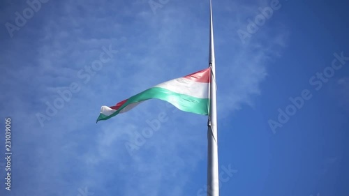 Budapest. Hungarian flag flutters in the wind in slow motion on blue sky see from bottom. Shot in Full HD.