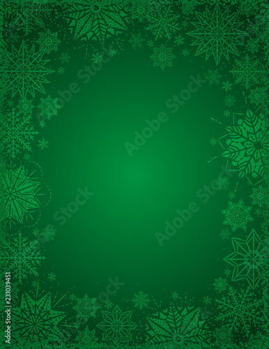 Green christmas background with frame of snowflakes and stars, vector illustration