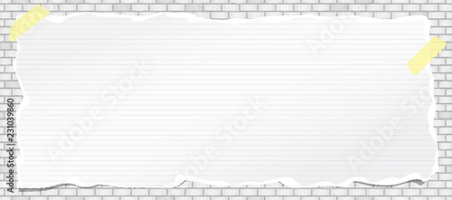 White horizontal lined ripped paper strip with torn edges, torn note paper for text or message on brick wall background