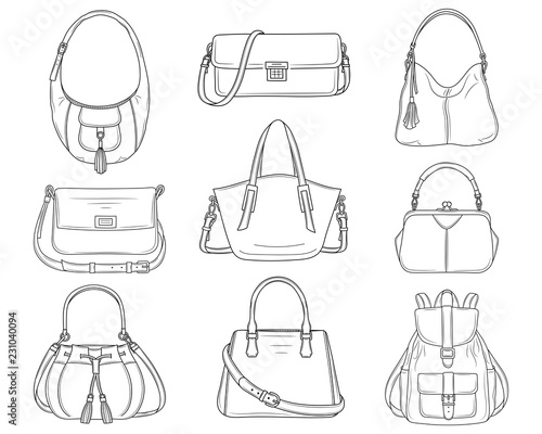 Women fashion handbags collection, vector sketch illustration.