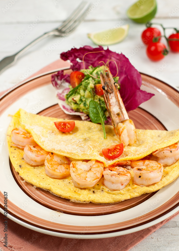 Omelette with shrimps and avocado salsa Omelette with shrimps and avocado salsa