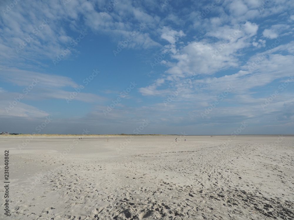 Sankt Peter-Ording - Pfahlbauten, Salzwiesen, Strandkörbe und Strand an der Nordseeküste am Nationalpark Wattenmeer
