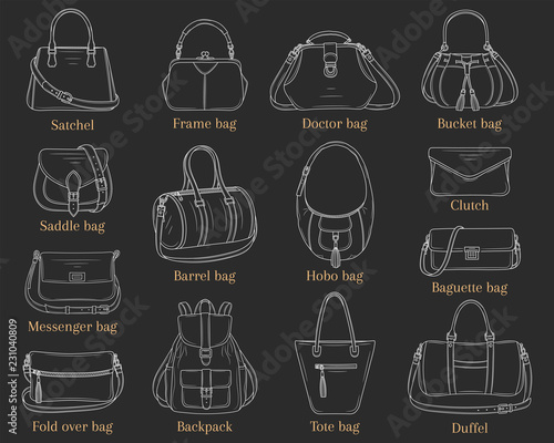 Women fashion handbags collection, vector sketch illustration.