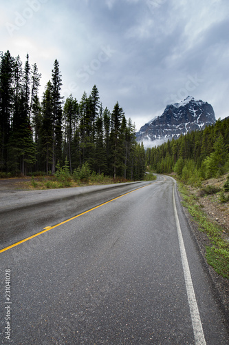 Rainy mountains road in Alberta, Canada