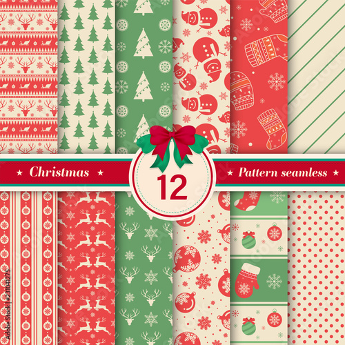 Merry Christmas pattern seamless collection. Set of 12 X-mas winter holiday background. Endless texture for gift wrap, wallpaper, web banner background, wrapping paper and Fabric patterns.