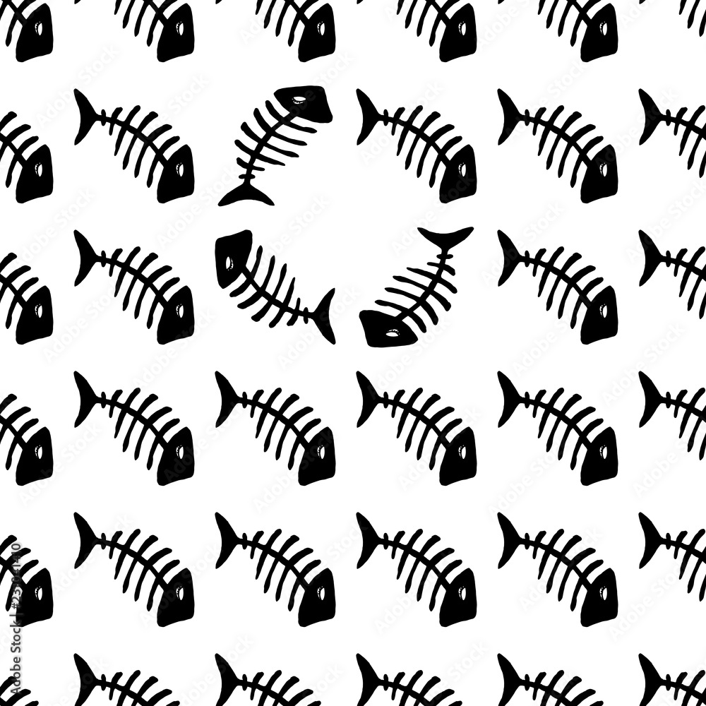 Seamless pattern fish bone. Hand drawn background bones. Doodle of skeleton fish. Seamless pattern fish bone. Hand drawn background bones. Doodle of skeleton fish.