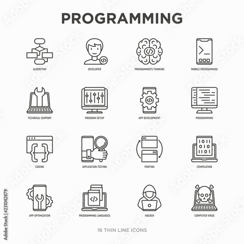 Programming thin line icons set: developer, code, algorithm, technical support, program setup, porting, compilation, app testing, vitus, optimization. Modern vector illustration.