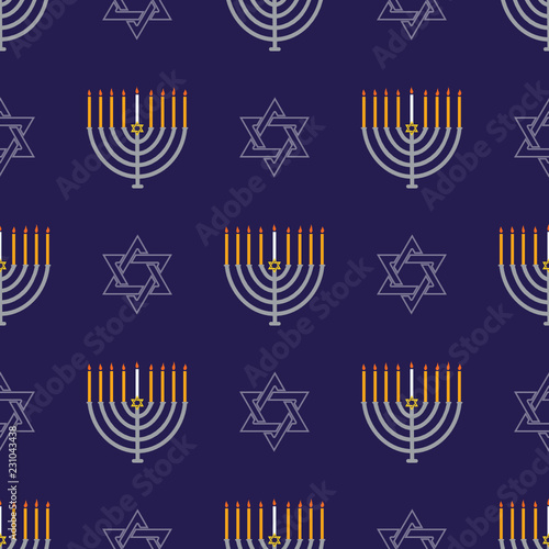 Jewish holiday Hanukkah seamless pattern with Hanukkah menorah, dreidels, star of David .Vector background for wallpaper, greeting card  and graphic design. 