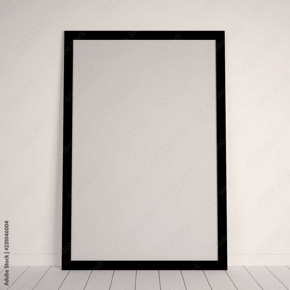 Mock up poster frame, white wooden floor. 3d architecture visualization Mock up poster frame, white wooden floor. 3d architecture visualization