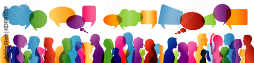 Crowd talking. Group of people talking. Communication between people. Colored profile silhouette. Speech bubble