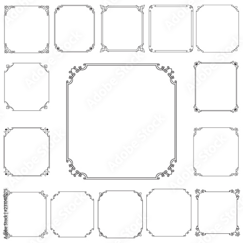 Big set of  thin vintage gold frame for your design. Vintage cover. Place for text. Vintage beautiful rectangular frame. Vector illustration.