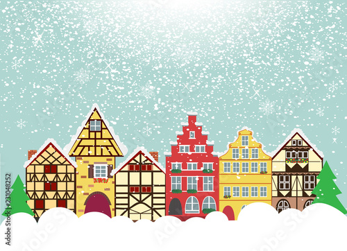 Vector icons set of 6 European houses. Elements for your design and decoration.  Christmas and New Year's design elements. Shining transparent beautiful snow isolated Snowfall, snowflakes © Viktoriia