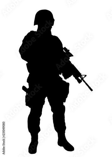 Army soldier, police special forces, SWAT officer in uniforms and helmet standing with service rifle in hands full length vector silhouette isolated on white background. Counter-terrorist team fighter