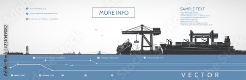 Container ships on the dock and bulk carriers, gantry cranes, vector infographics. photo