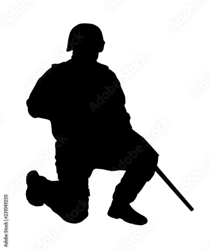 Army soldier, police SWAT, counter-terrorism unit fighter wearing helmet, standing on one knee and holding barrel of service weapon down to ground black vector silhouette isolated on white background