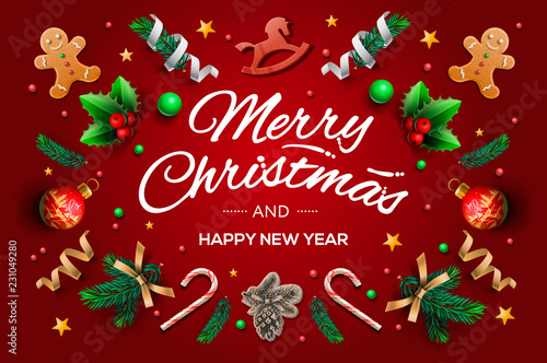 Christmas greeting card with calligraphic season wishes and composition of festive elements such as cookies, stars, berries, christmas tree decorations, pine branches. Vector illustration.