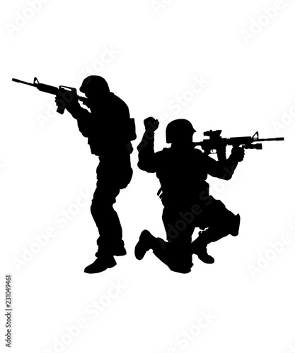 Army or police special forces tactical unit, SWAT team, counter-terrorist group fighters moving forward, giving hand signals, aiming and shooting with service rifle vector silhouette isolated on white
