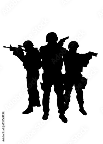 Police Immediate reaction team, special operations and counter terrorism unit three fighters in tactical ammunition, standing together and aiming weapons vector silhouette isolated on white background