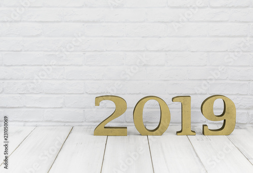 2019 new year on white wood table over white background with copy space