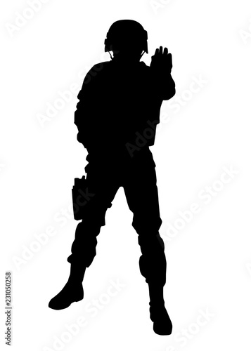 Armed army soldier, special security squad guard, police SWAT officer in uniforms and helmet stretching hand forward and shoving stop hand signal, black vector silhouette isolated on white background
