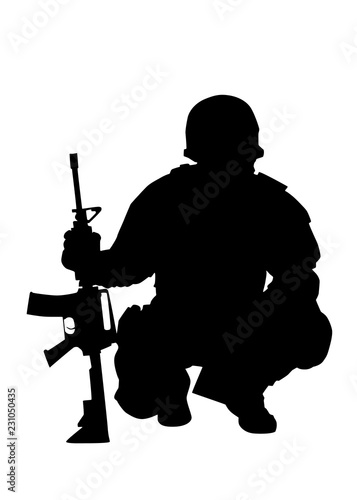 Army or police special forces shooter, SWAT team officer, commando fighter protected with helmet, siting on haunches and leaning on service rifle, black vector silhouette isolated on white background