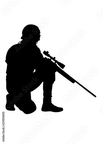 Police special forces, SWAT team, anti-terrorist group sniper in helmet, sitting on one knee and holding sniper rifle in hand, black vector silhouette isolated on white background. Hunter with rifle