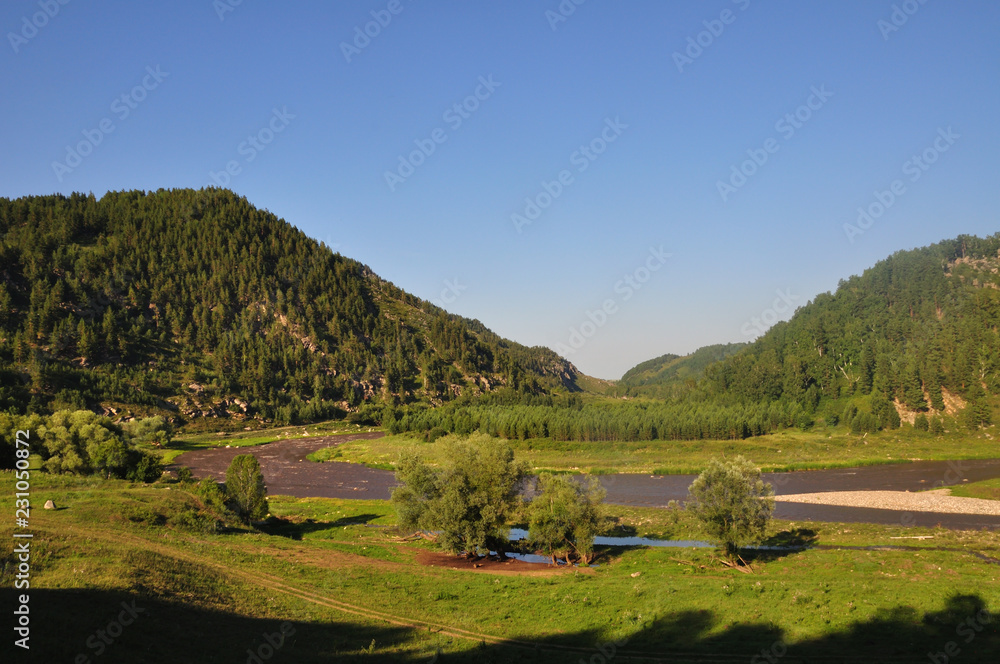 Green mountains, field, trees, clouds and blue sky.