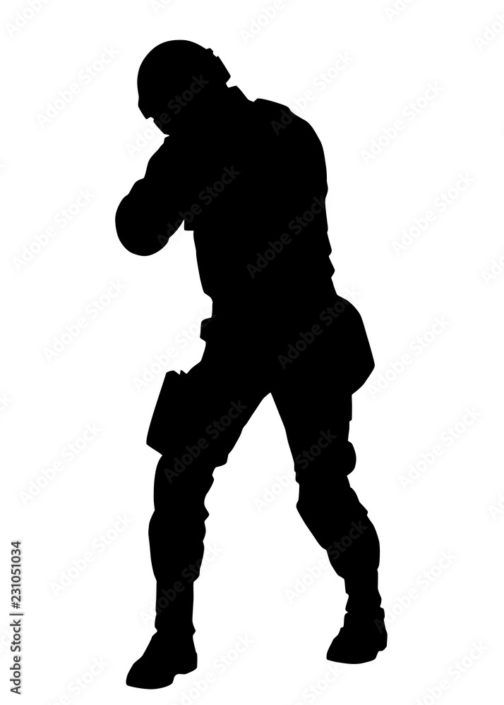 Police tactical group, SWAT team, riot control officer in uniforms and helmet, standing and aiming with service weapon at camera, full length black vector silhouette isolated on white background