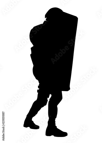 Police counter terrorist tactical unit, SWAT team, riot or crowd control officer in helmet and uniforms, covering himself with anti riot or ballistic shield silhouette isolated on white background
