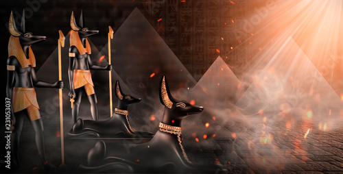 Anubis of Ancient Egypt (God of Death). Dark abstract Egyptian background, da...