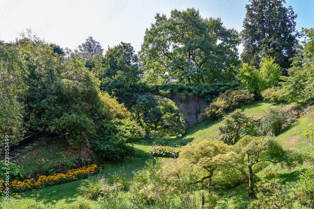 Panorama di un parco con alberi e aiuole fiorite in estate, Villa Taranto,  Lago Maggiore, Piemonte, Italia Stock Photo | Adobe Stock