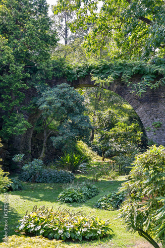 Antico ponte in pietra in un parco verdeggiante in estate, Villa Taranto, Lago Maggiore, Piemonte, Italia