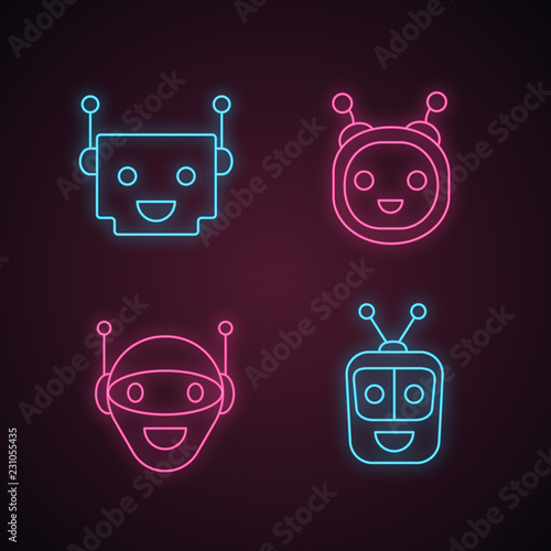 Chatbots neon light icons set