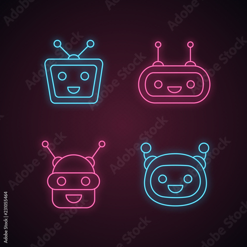 Chatbots neon light icons set