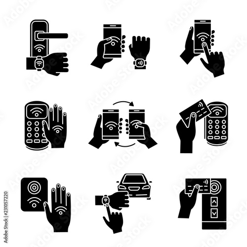 NFC technology glyph icons set