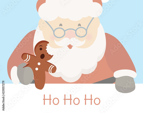 Funny Santa Claus eating gingerbread man vector. Ho Ho Ho Christmas greeting card background.