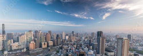 Photography Panorama from the skyline of Osaka, Umeda district at sunset.
