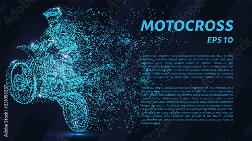 Motocross of blue glowing dots. Motorcyclist rides on the rear wheel. Motorsport vector illustration.