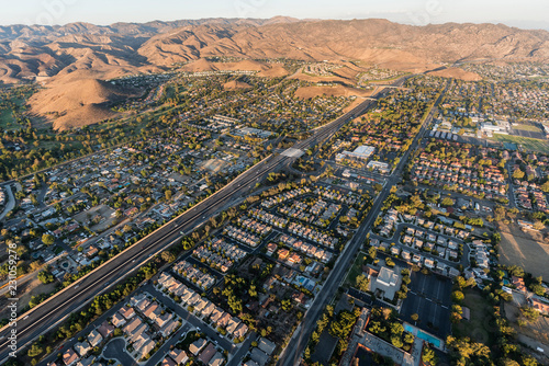 Aerial view of Simi Valley, route 118 freeway and the Santa Susana Mountains near Los Angeles, California.