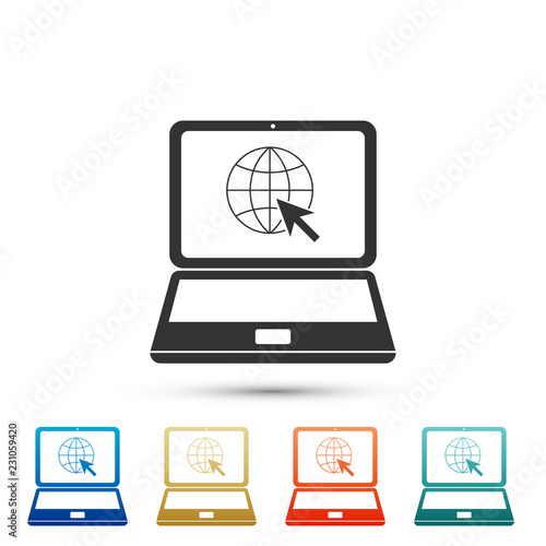 Website on laptop screen icon isolated on white background. Laptop with globe and cursor. World wide web symbol. Set elements in colored icons. Flat design. Vector Illustration