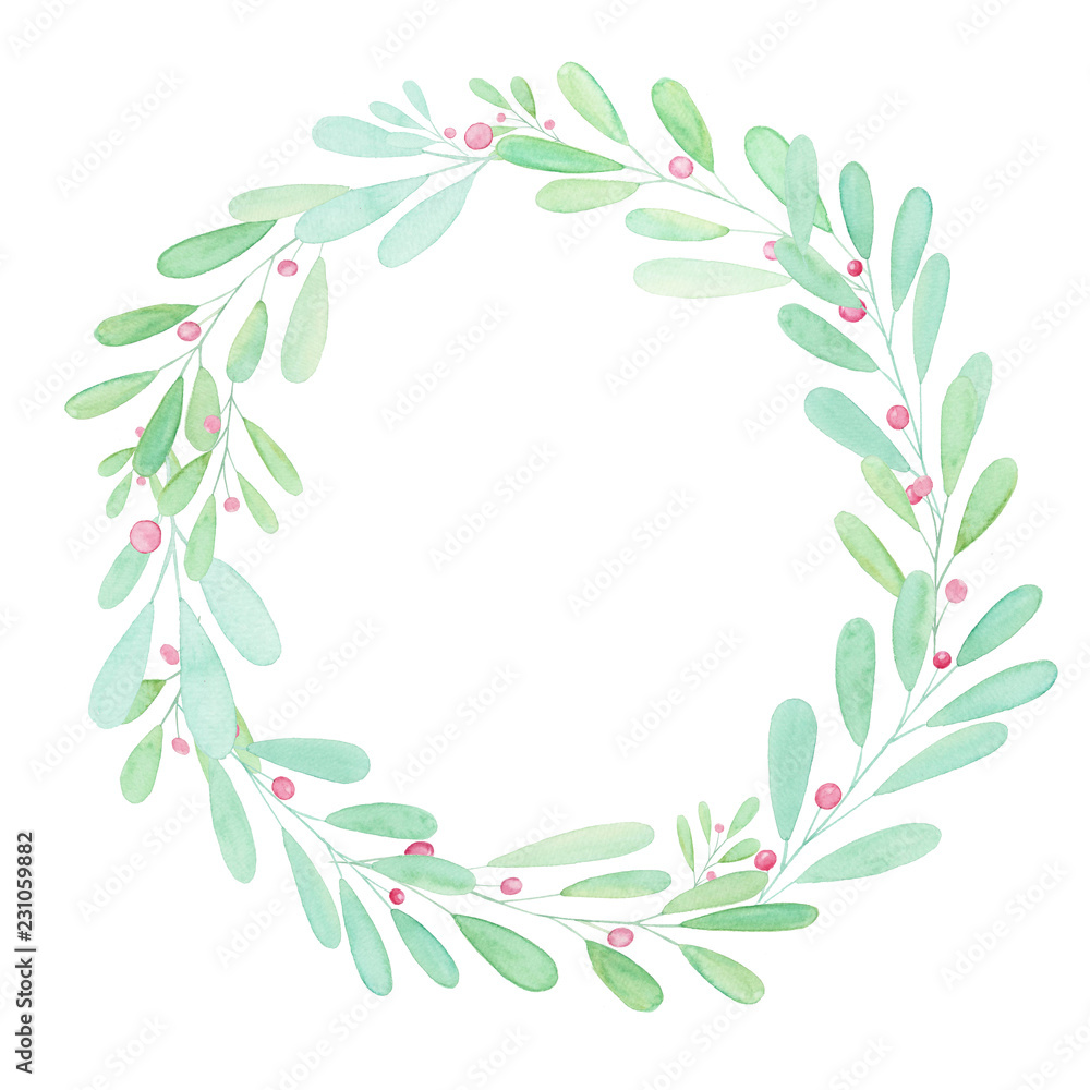 Wreath of green branches watercolor, hand drawn illustration Wreath of green branches watercolor, hand drawn illustration