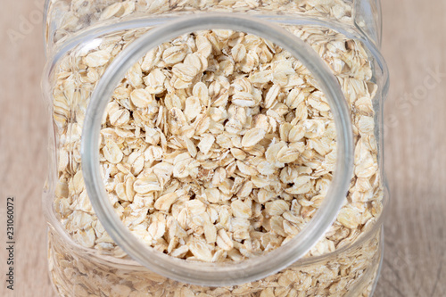 Oat flakes in a glass box in the kitchen 